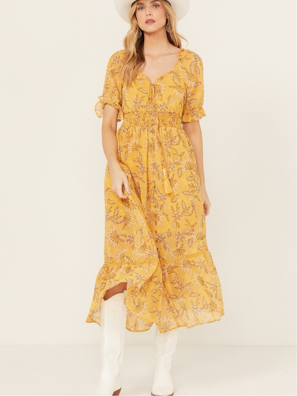 Miss Me Mustard Floral Maxi Dress with Puff Sleeves